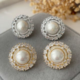 Pave zircon round pearl earrings