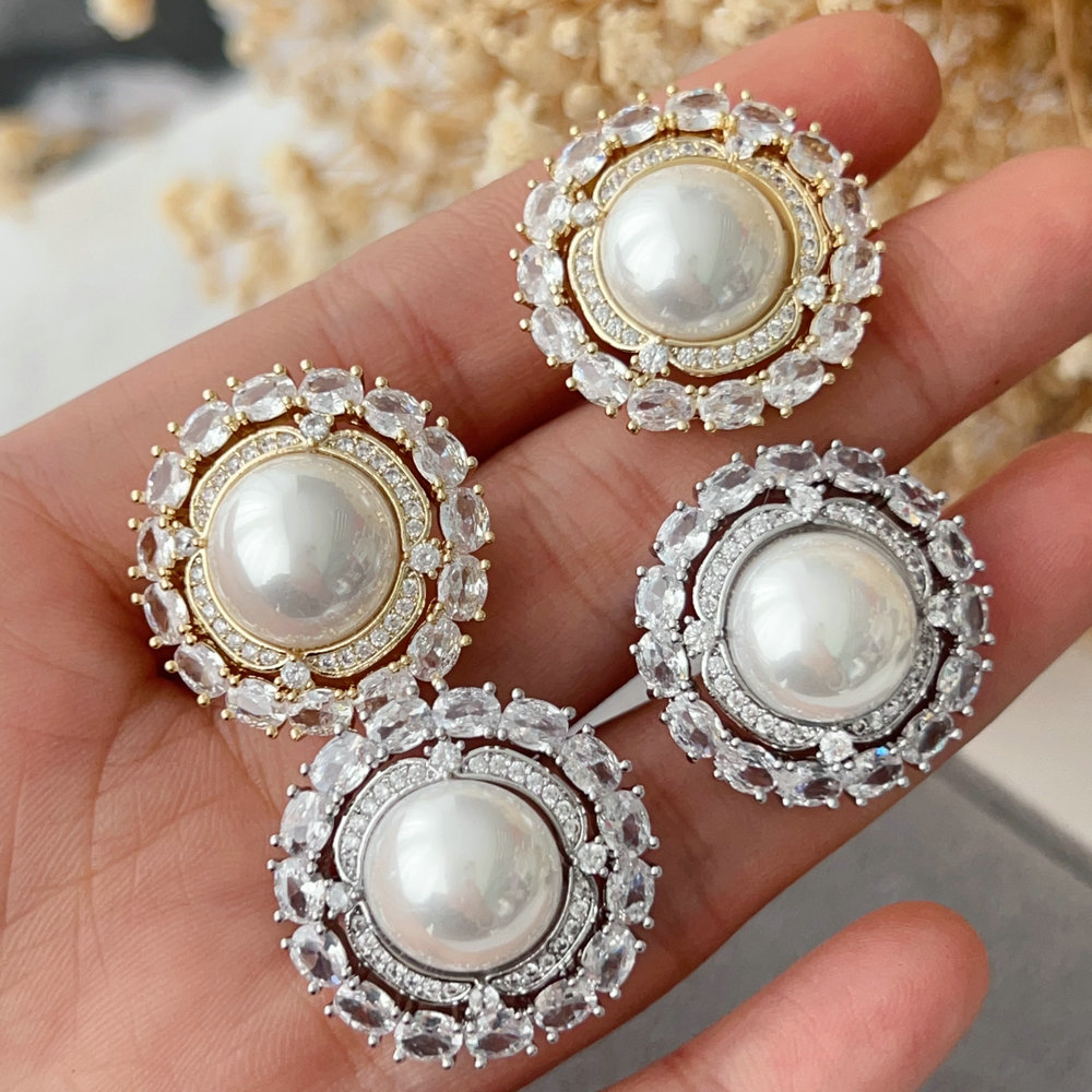 Pave zircon round pearl earrings
