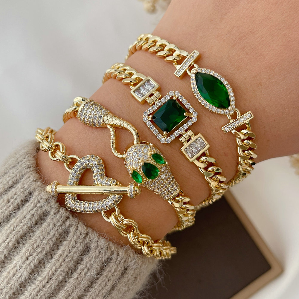 Green snake heart cuban chain bracelet