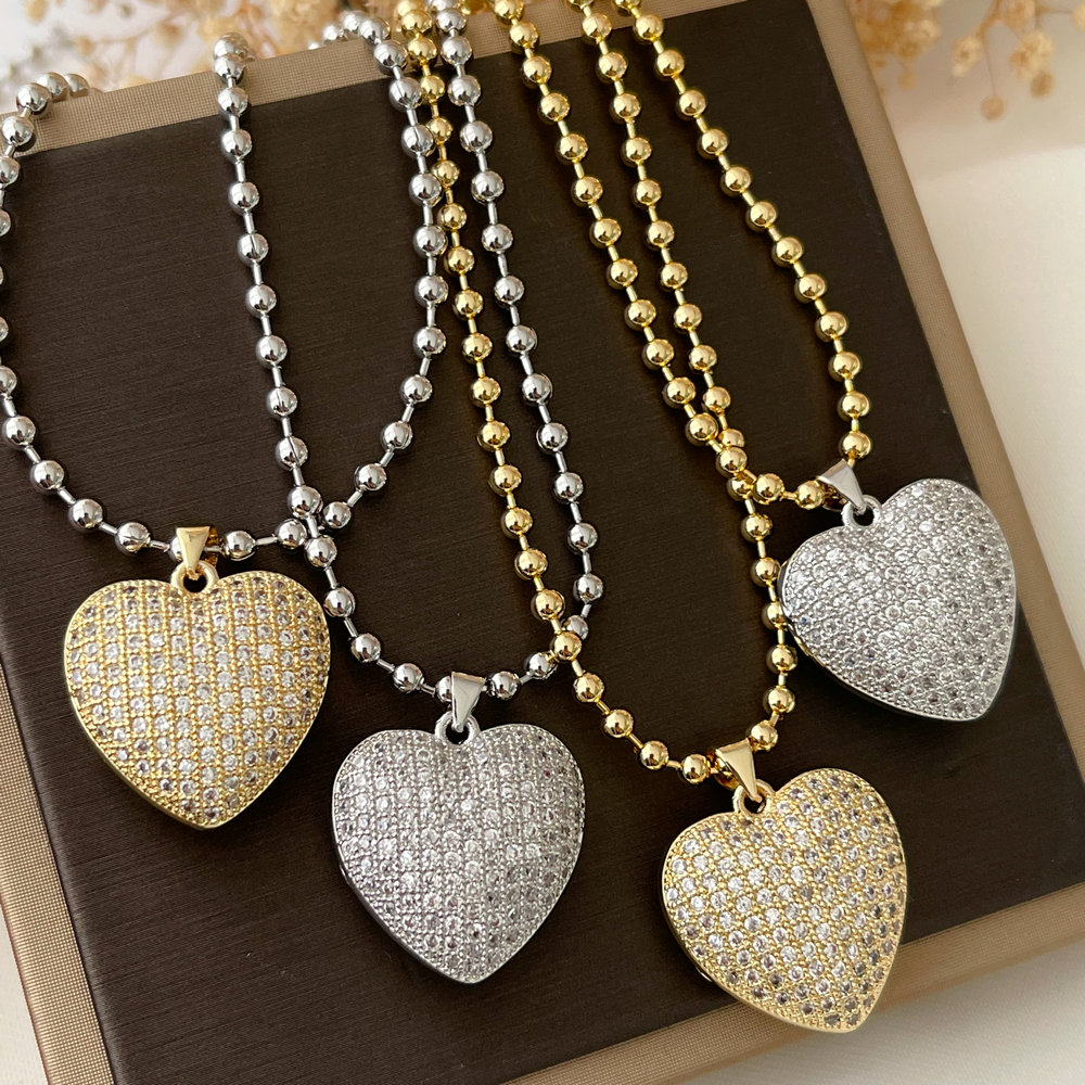 Pave zircon heart pendant bead necklace
