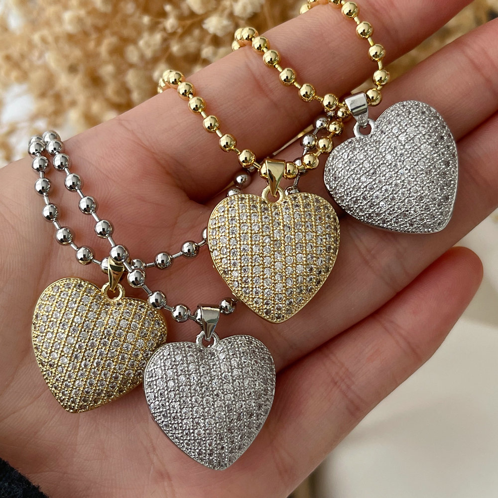 Pave zircon heart pendant bead necklace