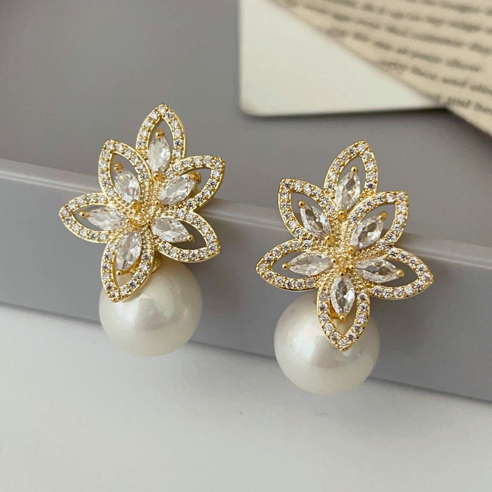 Pave zircon flower pearl earrings
