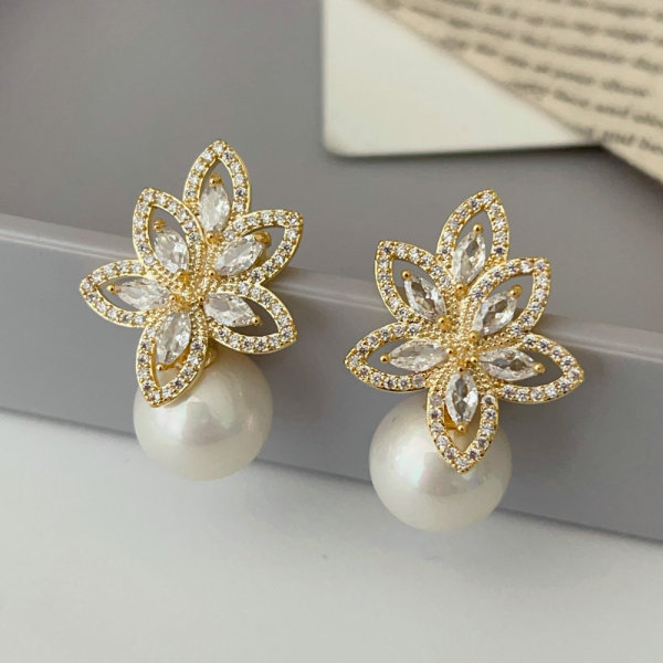 Pave zircon flower pearl earrings