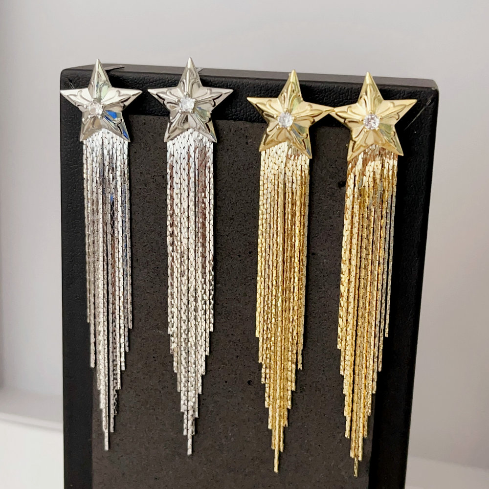Pave chain tassel star earrings
