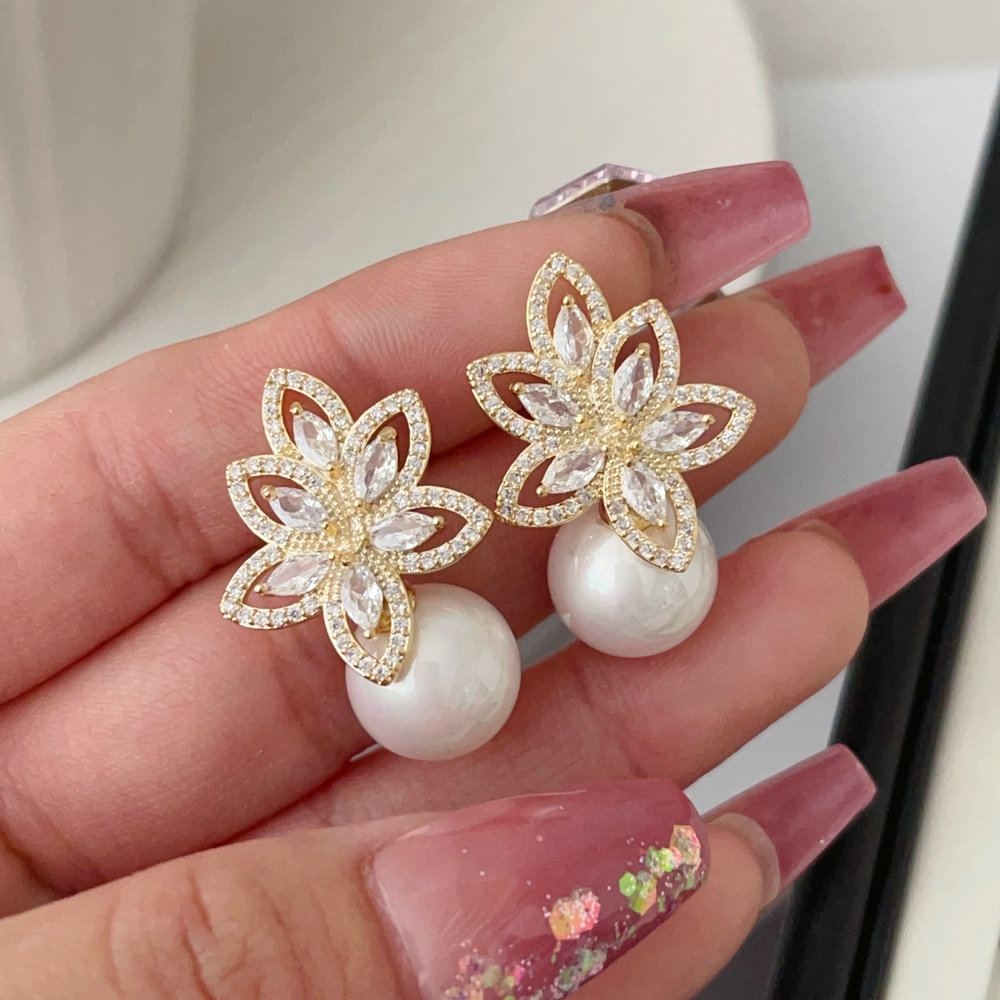 Pave zircon flower pearl earrings