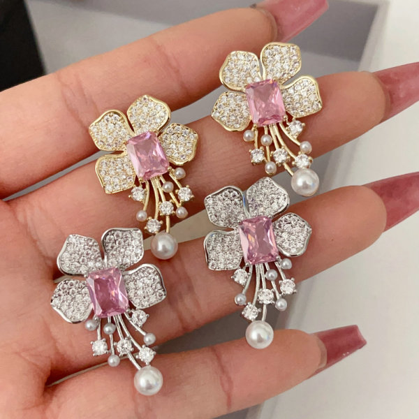 Pink zircon flower earrings