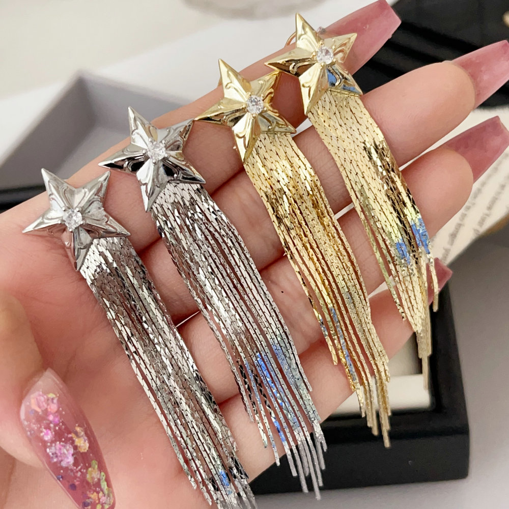 Pave chain tassel star earrings