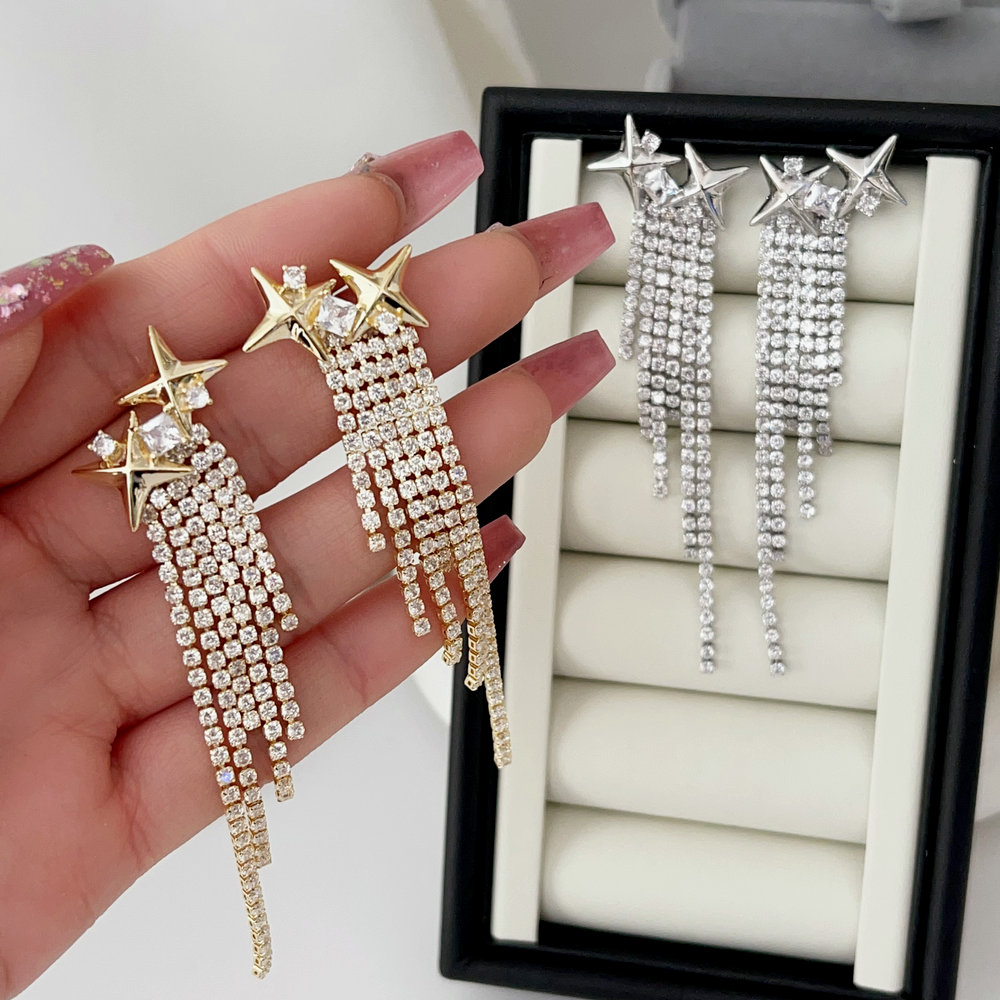 Pave star zircon tassel earrings