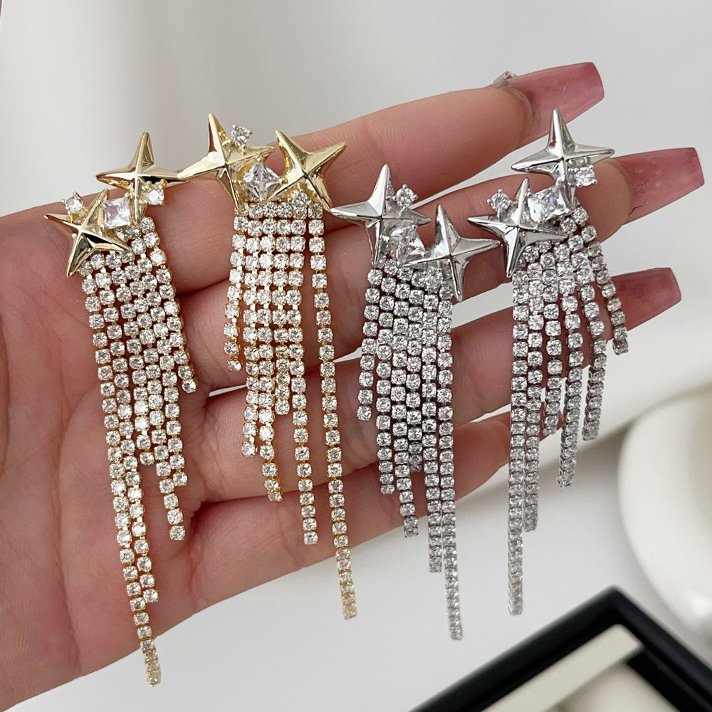 Pave star zircon tassel earrings