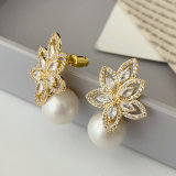 Pave zircon flower pearl earrings