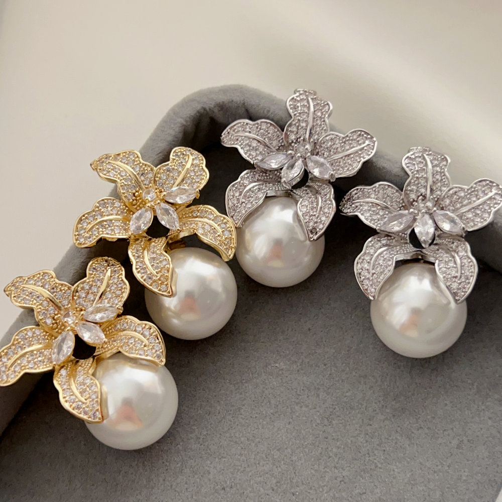 Pave flower big pearl earrings