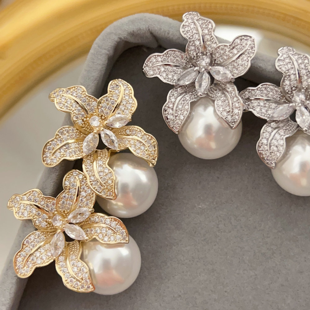 Pave flower big pearl earrings