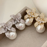 Pave flower big pearl earrings