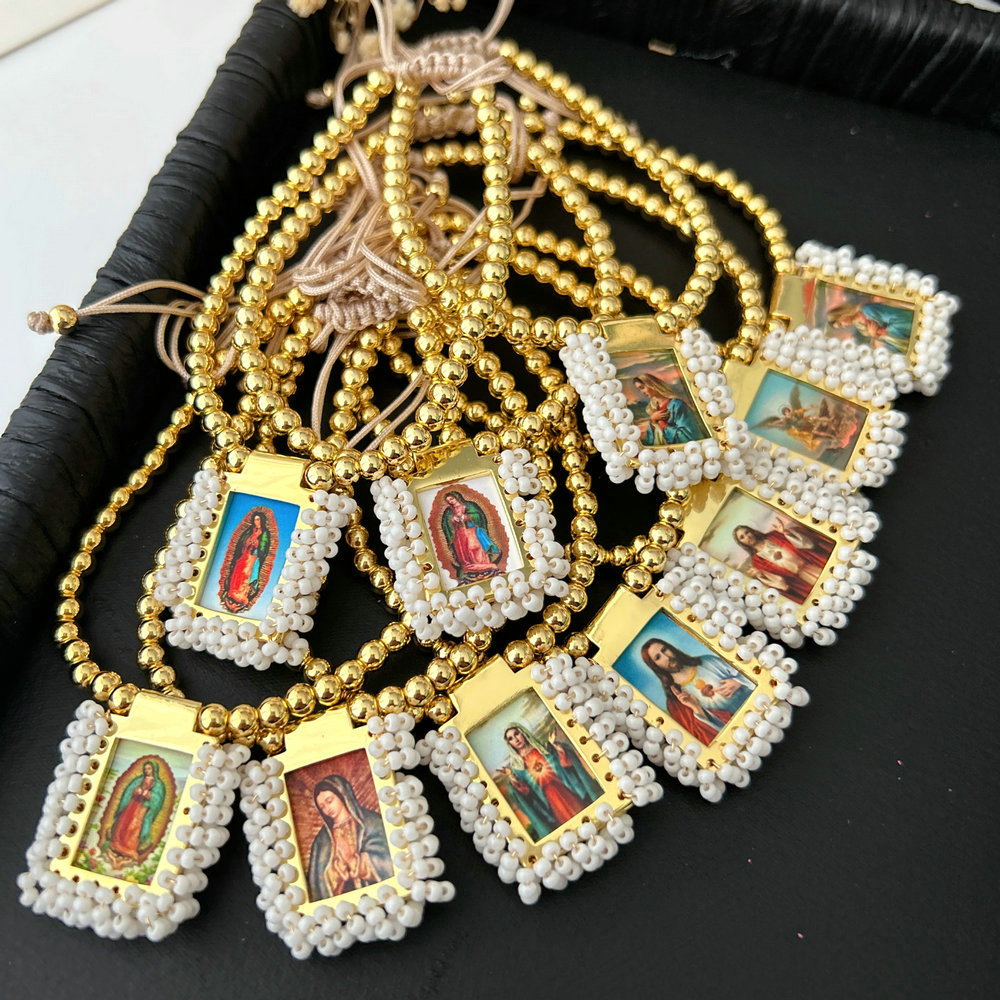 Handmade white bead religious pendant bracelet
