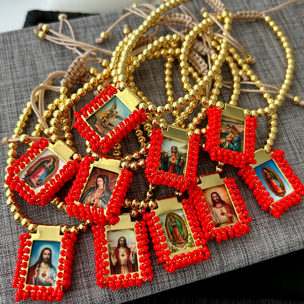 Handmade red bead religious pendant bracelet
