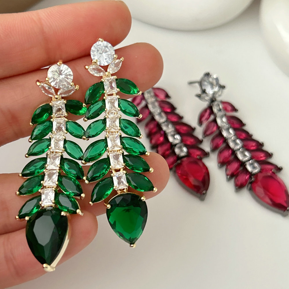 Pave zircon leaf earrings