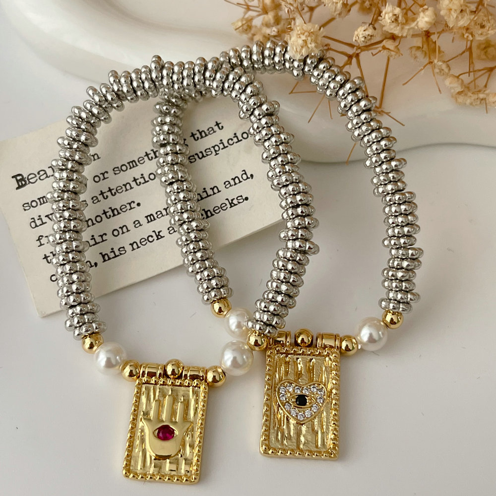 Pave heart square charm bracelet
