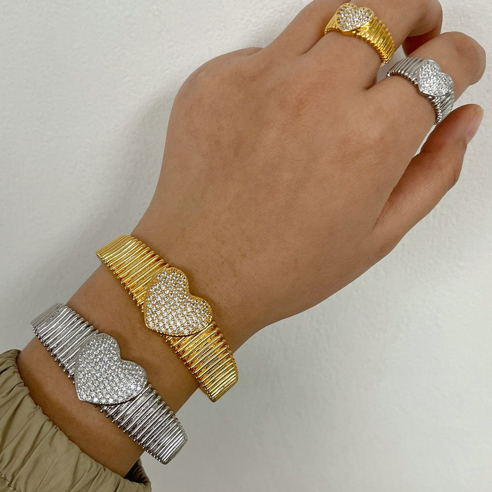 Pave heart bangle set with ring