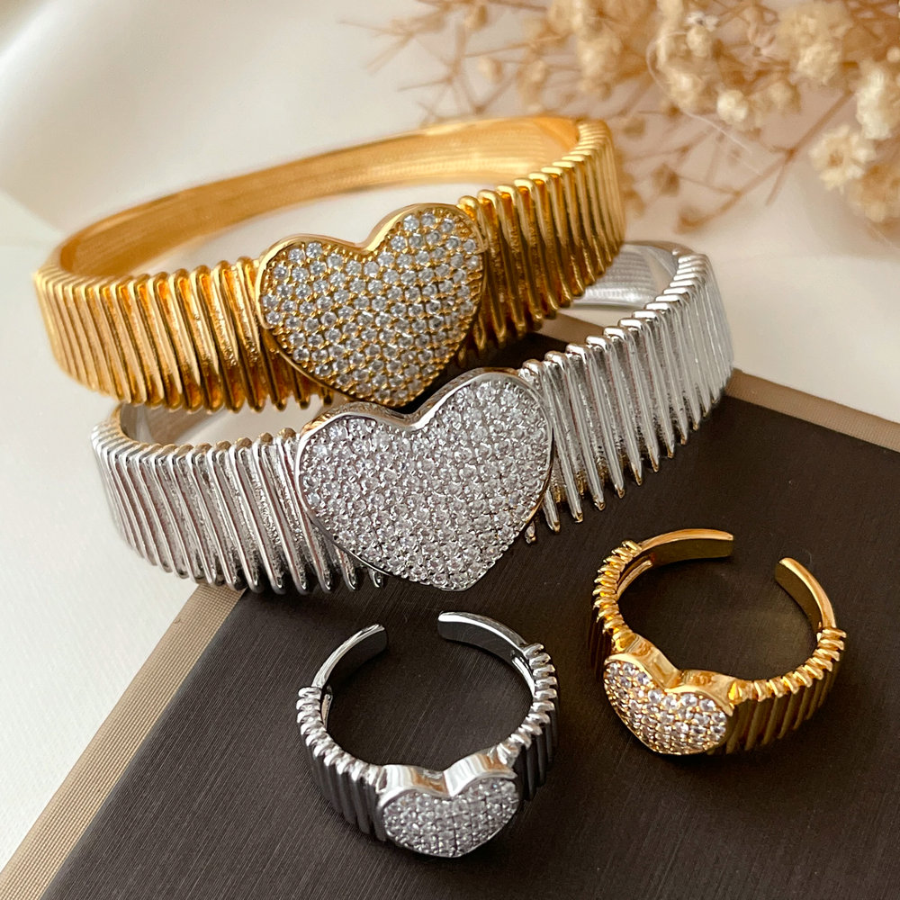Pave heart bangle set with ring
