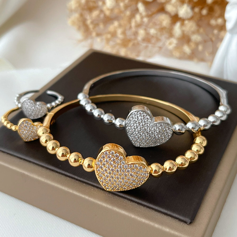 Pave heart bangle set with ring
