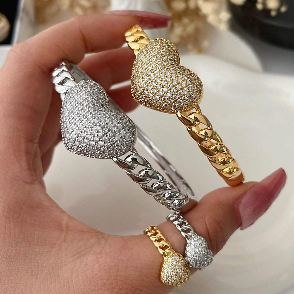 Pave heart bangle set with ring