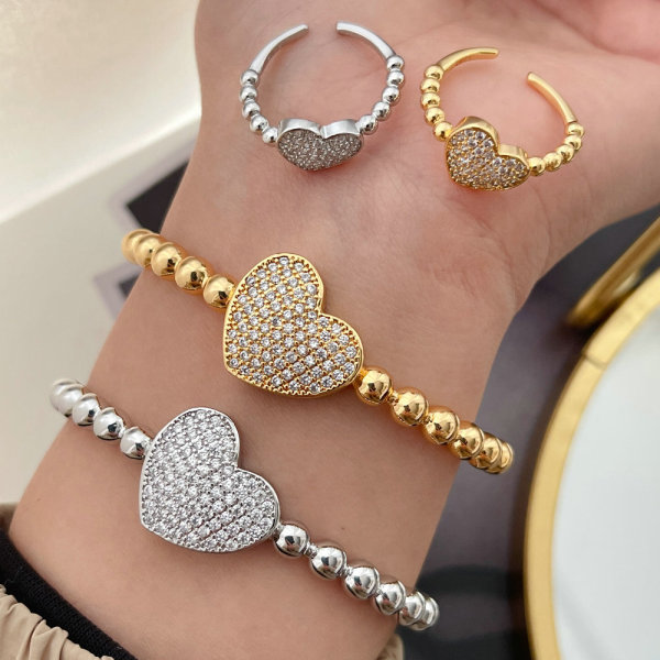 Pave heart bangle set with ring