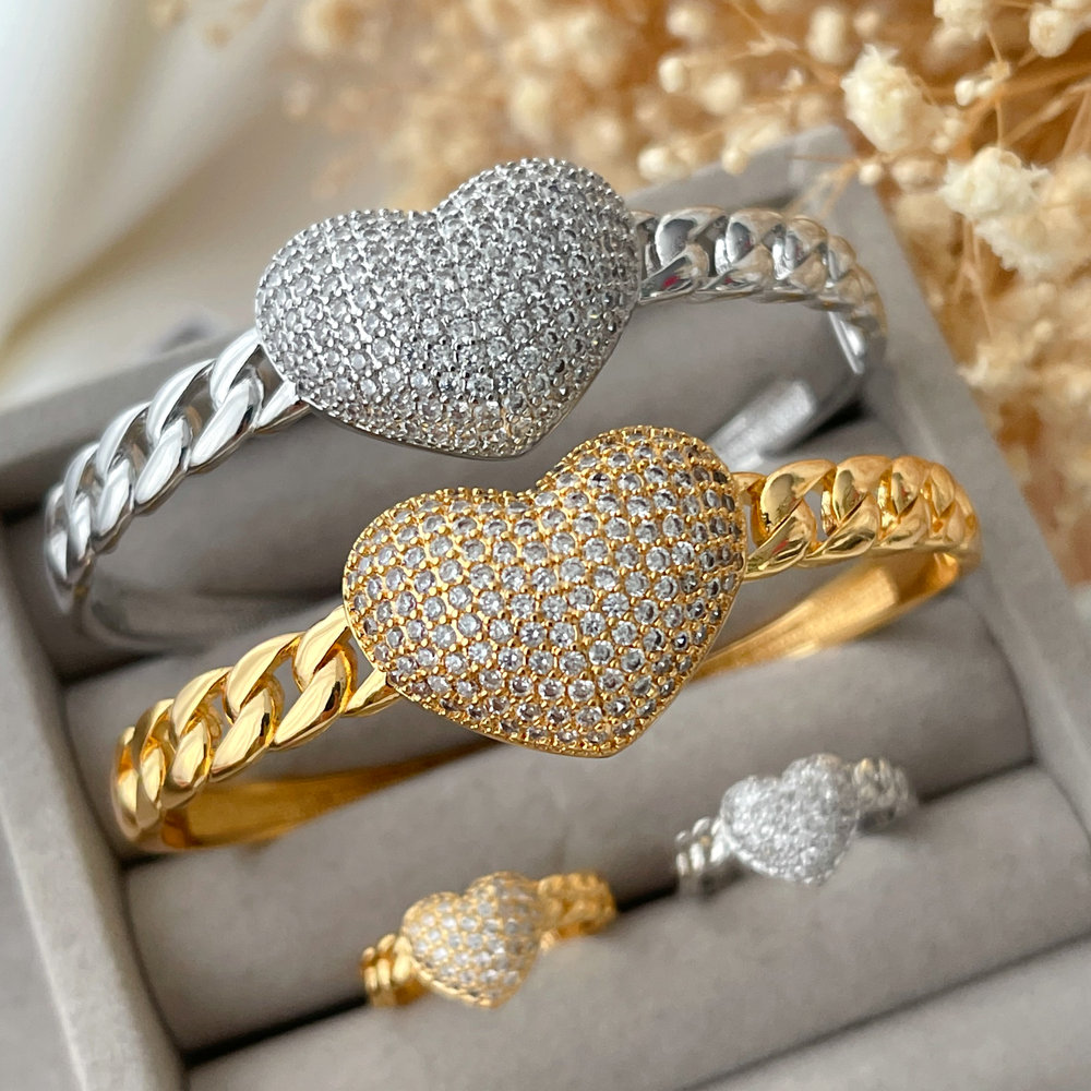 Pave heart bangle set with ring