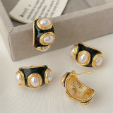 Black enamel pearl hoop