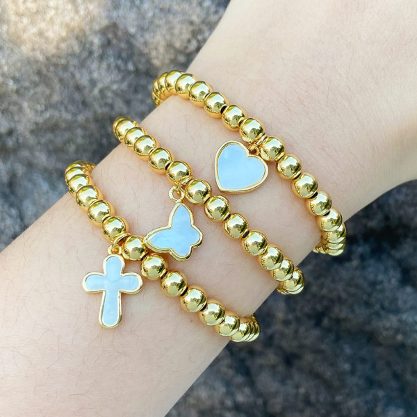 Elastic bead bracelet with heart charm 6mm bead
