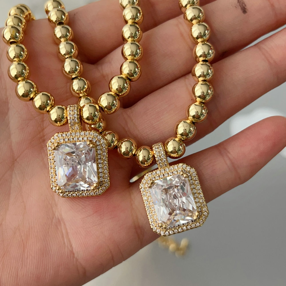 6mm gold ball with clear stone square charm