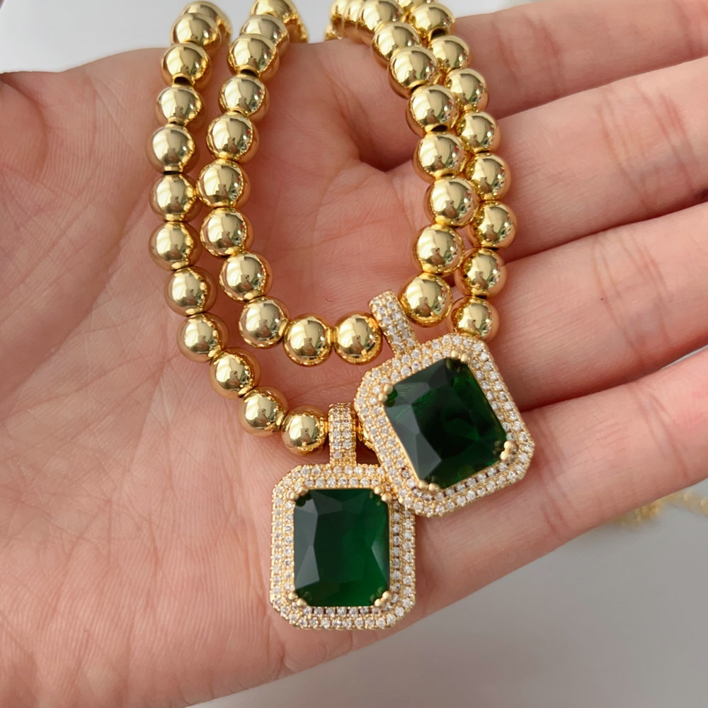 6mm gold ball with green square charm