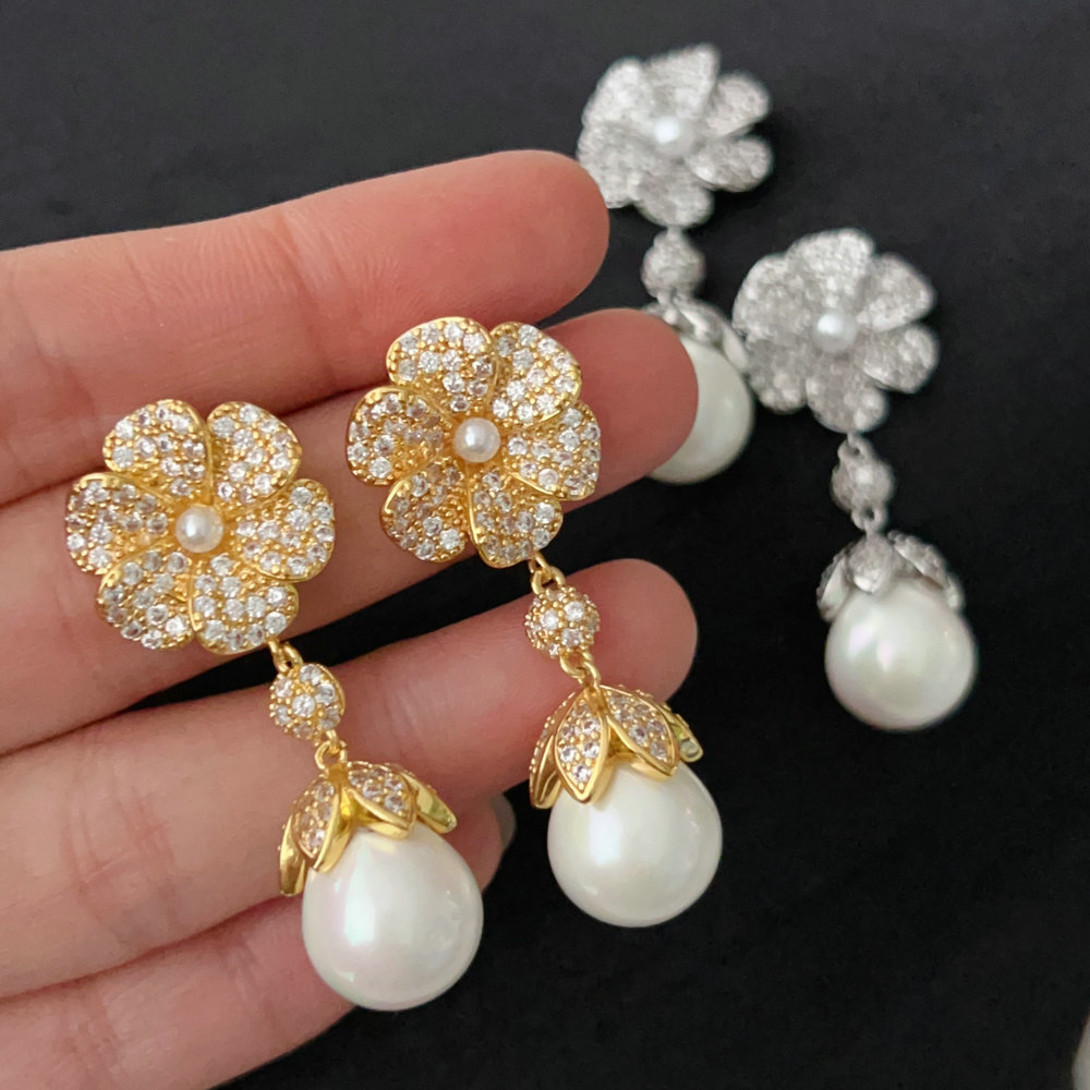 Pave flower pearl earrings