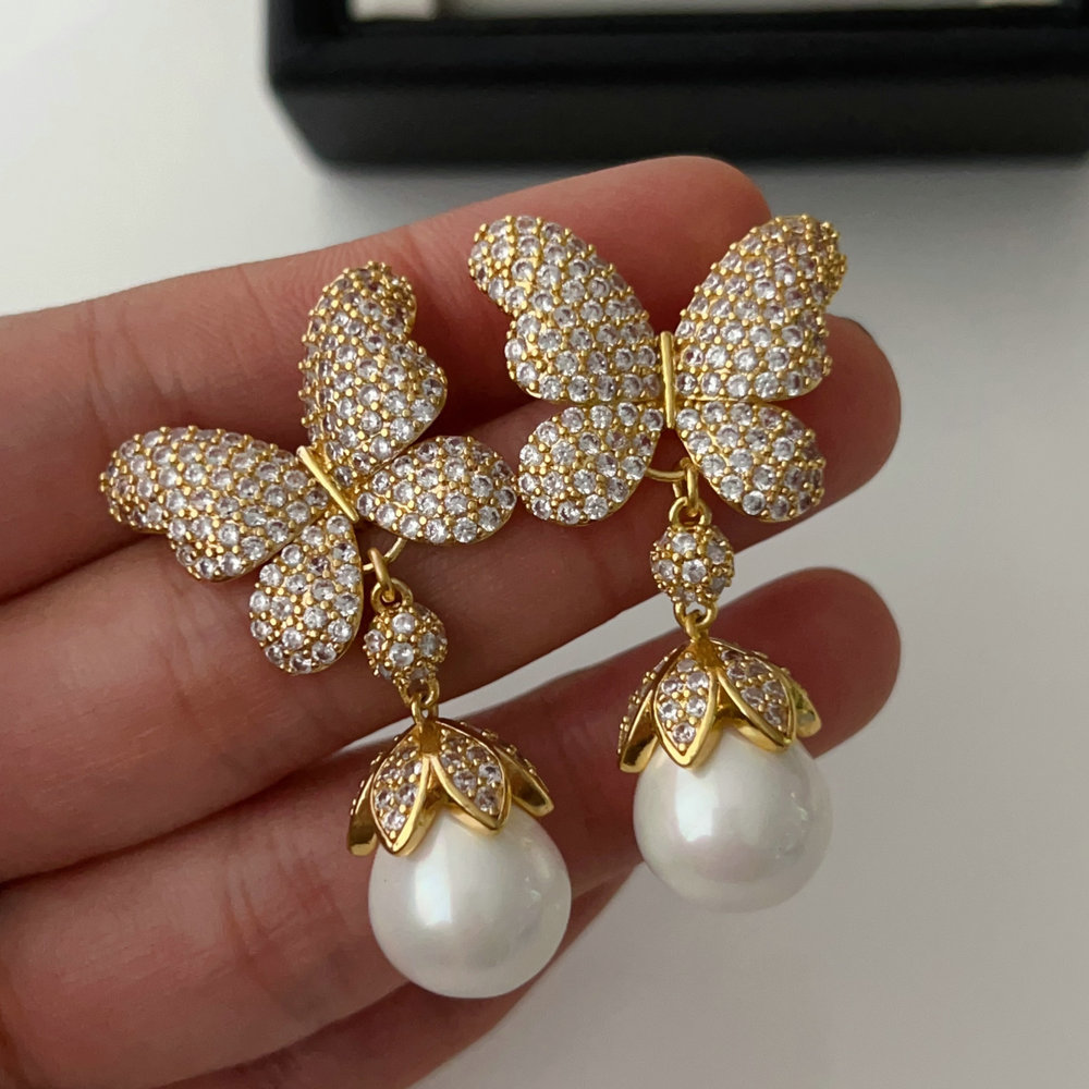 Pave butterfly pearl earrings