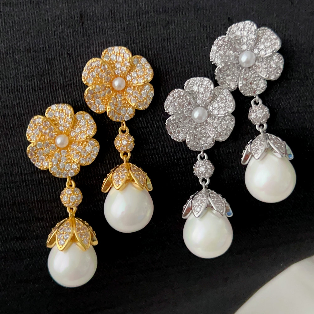 Pave flower pearl earrings