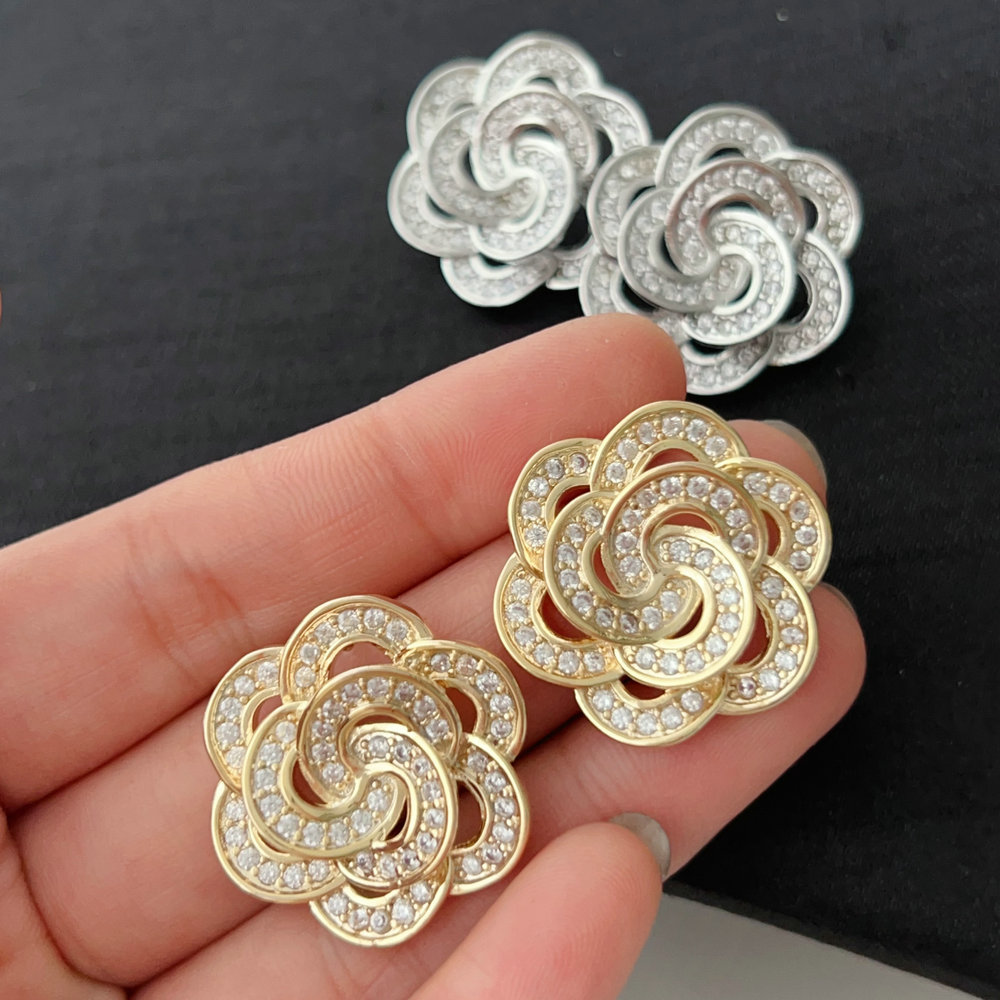 Pave pearl rose flower earrings