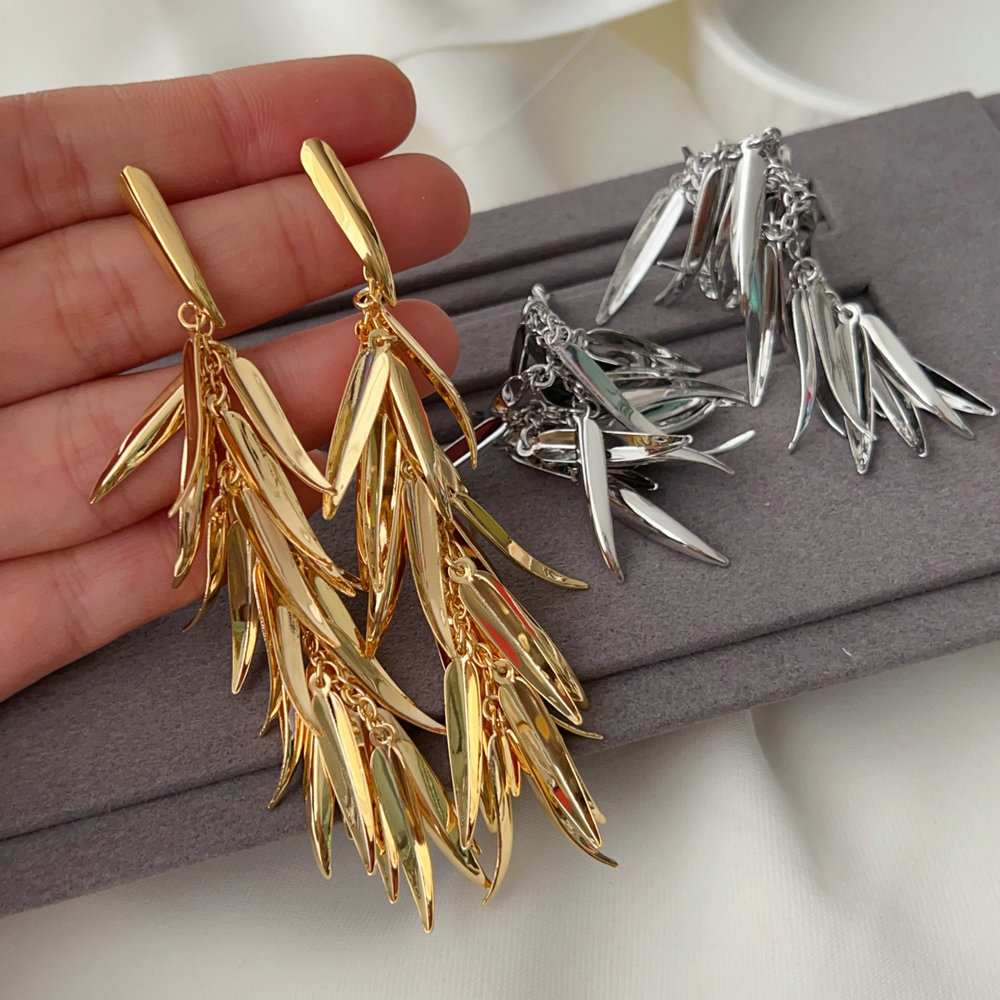 Metal leaf tassel earrings