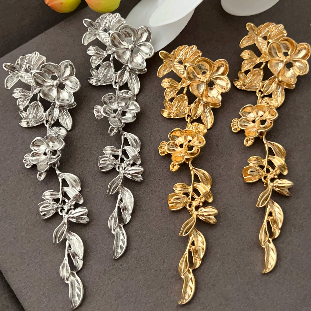 Chunky metal long flower earrings