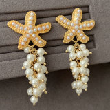 Star glass pearl chain earrings