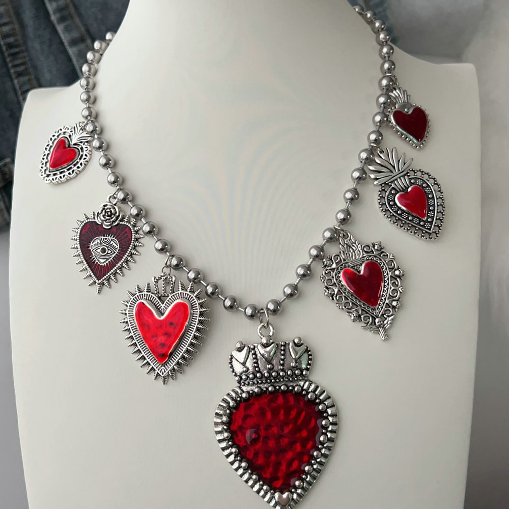 Red enamel heart charm necklace