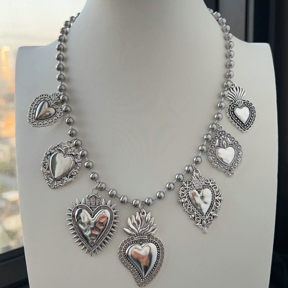 Chunky heart charm ball necklace