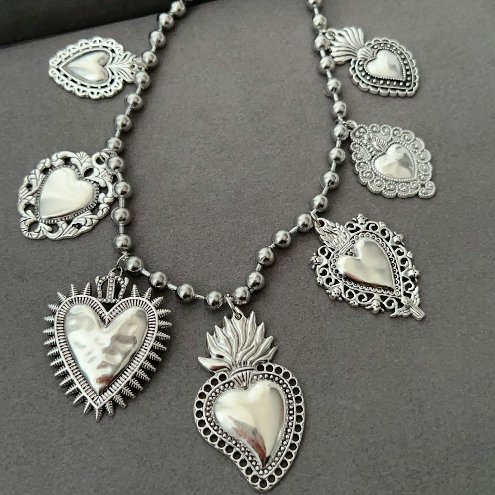 Chunky heart charm ball necklace