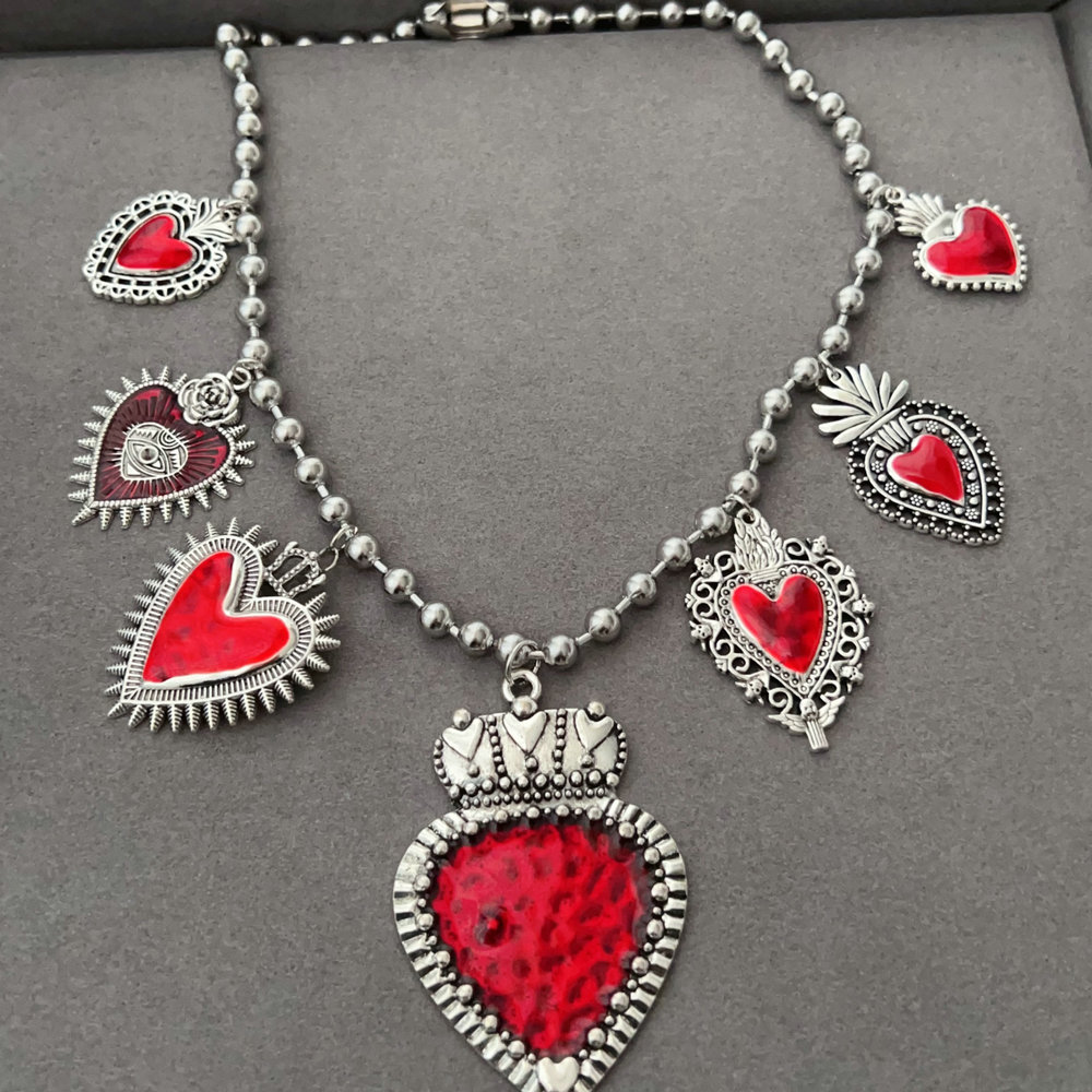 Red enamel heart charm necklace