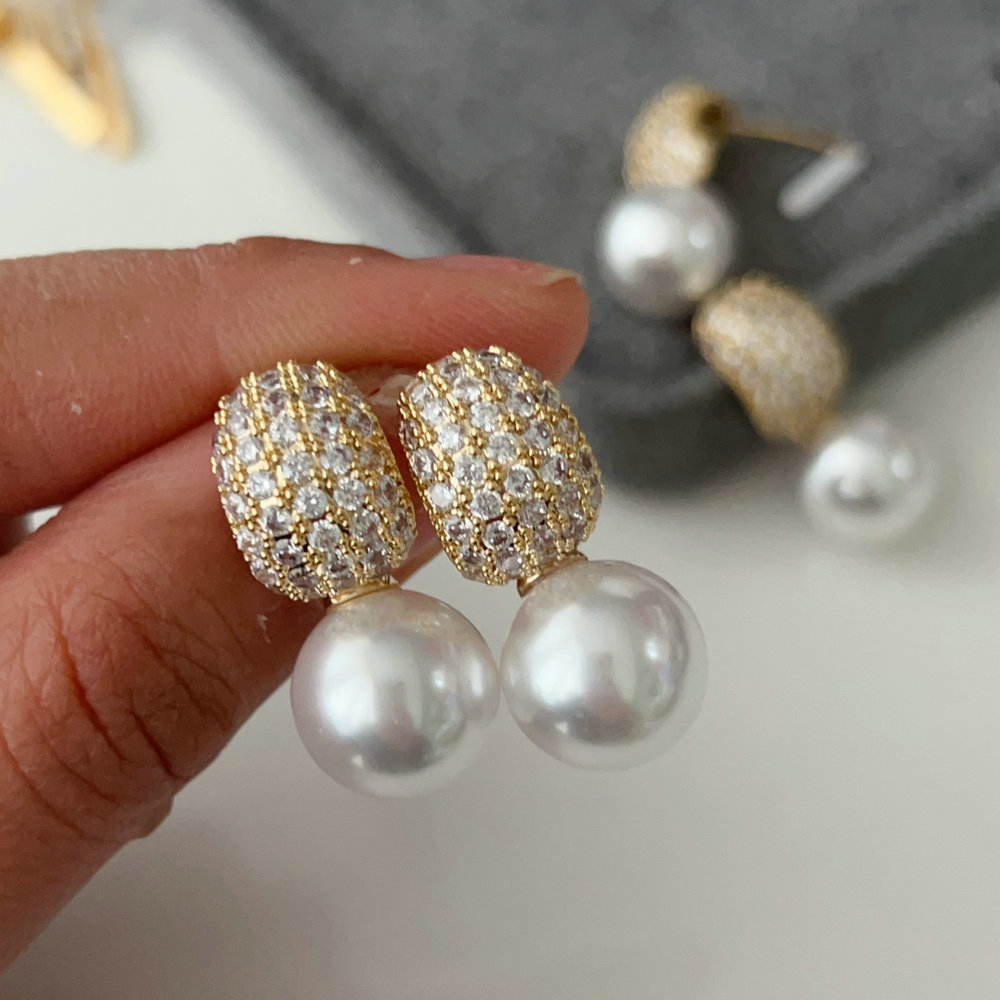 Pave zircon pearl earrings
