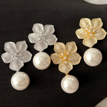 Pave flower pearl earrings