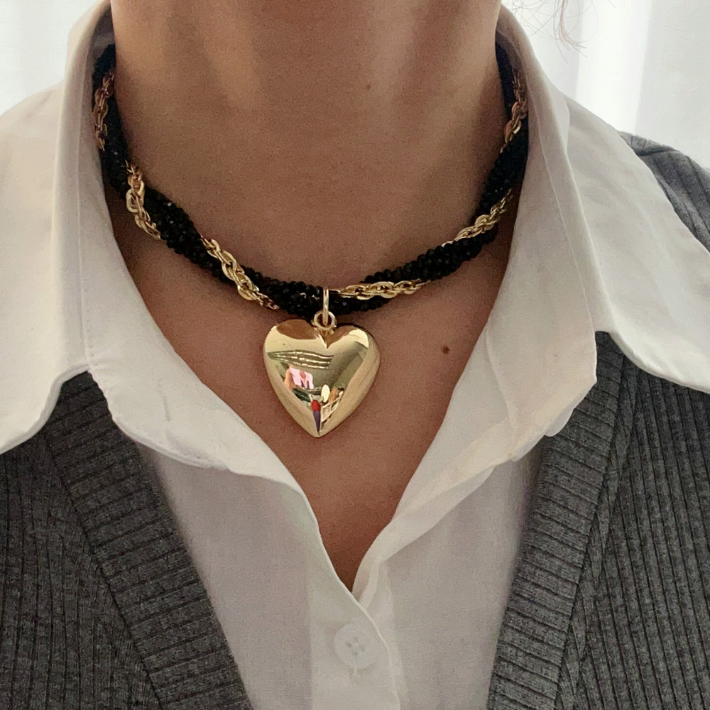 Black bead chunky necklace with heart pendant