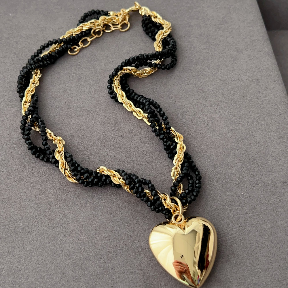 Black bead chunky necklace with heart pendant