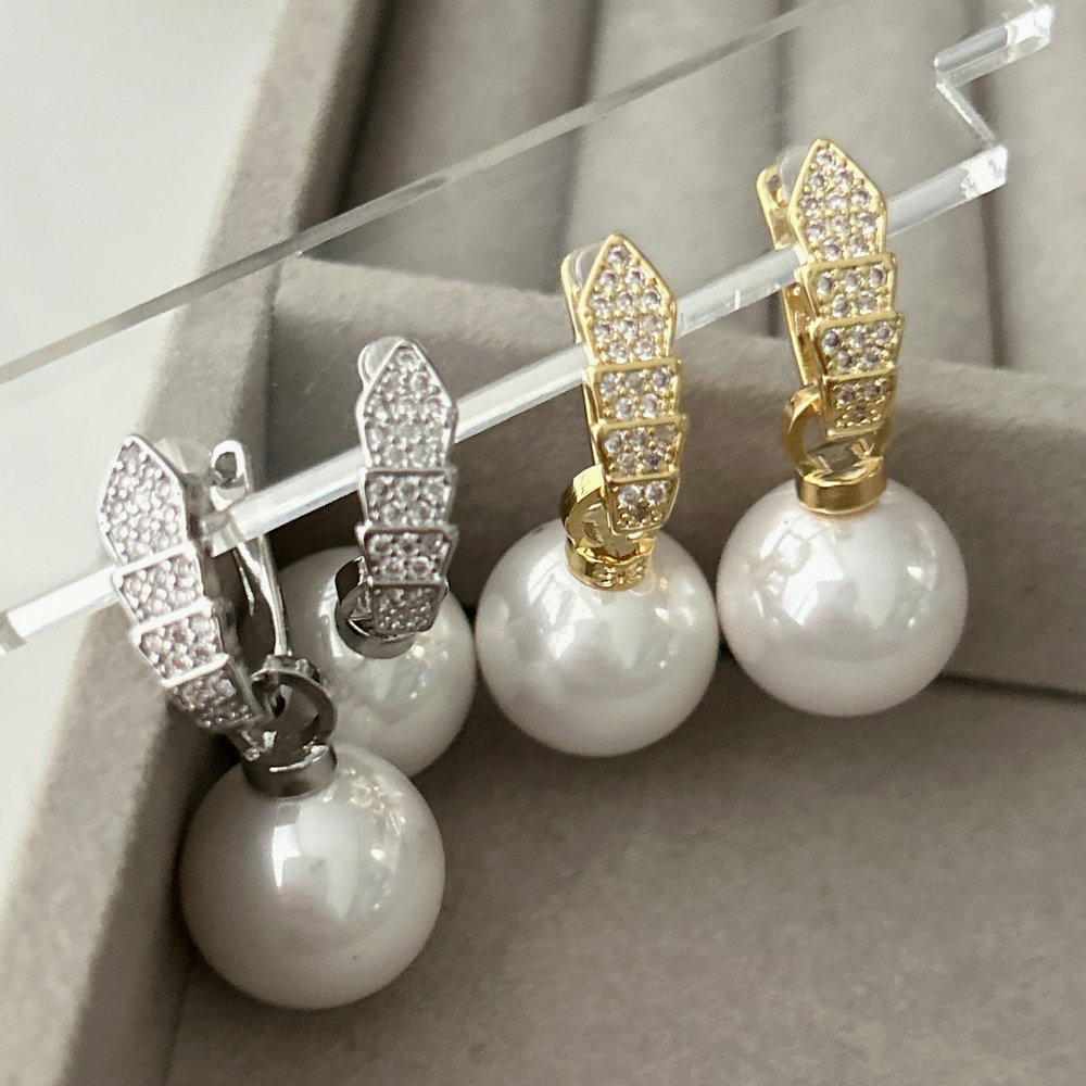 Pave zircon snake pearl earrings