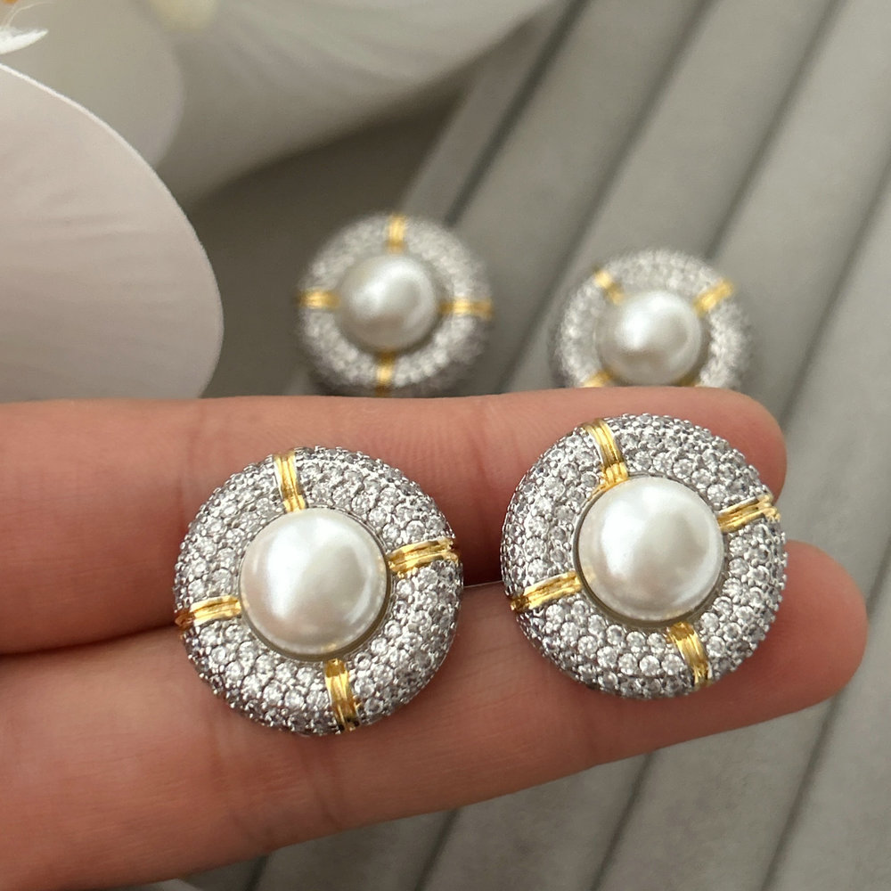 Pave zircon round pearl earrings