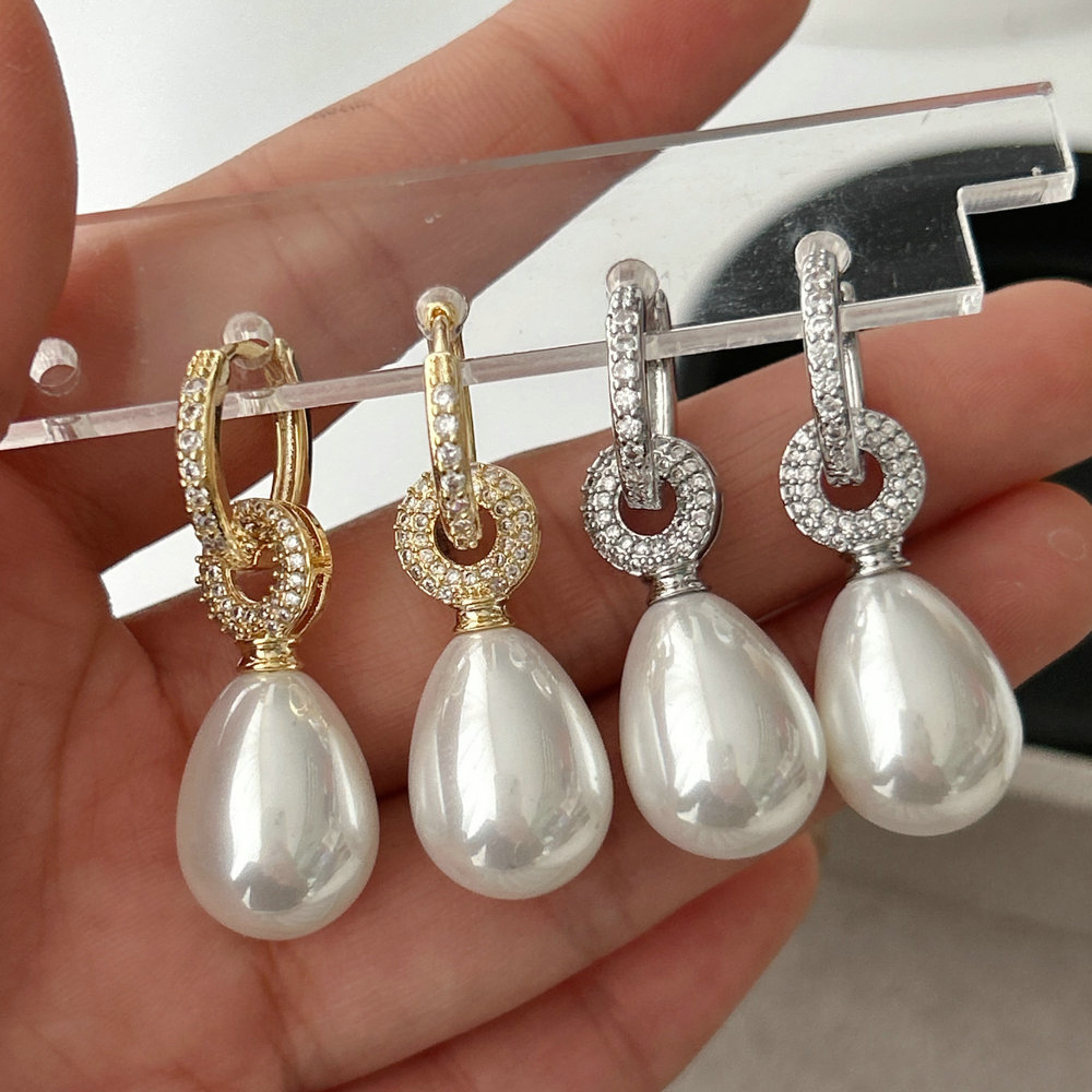 Pave zircon drop pearl earrings