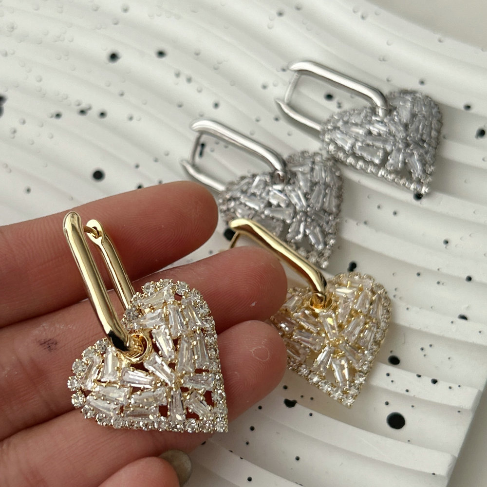 Pave heart charm earrings